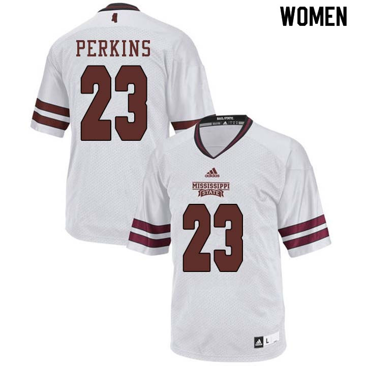Women #23 Allen Perkins Mississippi State Bulldogs College Football Jerseys Sale-White - Click Image to Close